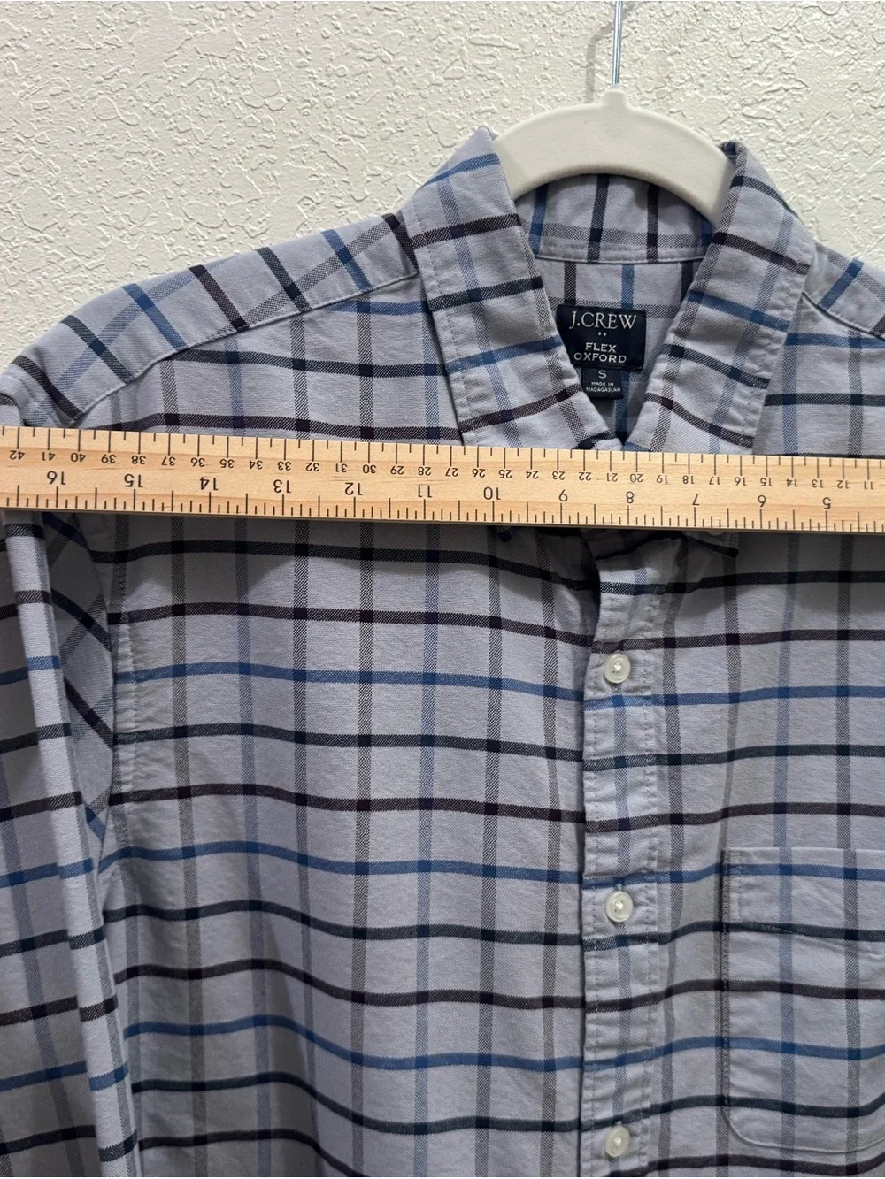 J Crew Classic Oxford Shirt -Mens Small Slim -Blue Gray Plaid Flex Button Down